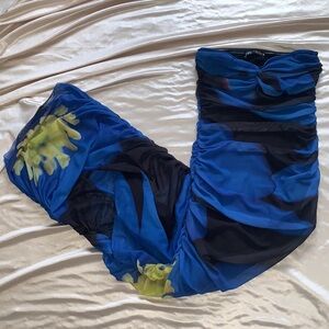 Blue Zara Floral Strapless Dress Size Small | Abstract Mesh Ruched Bodycon Dress